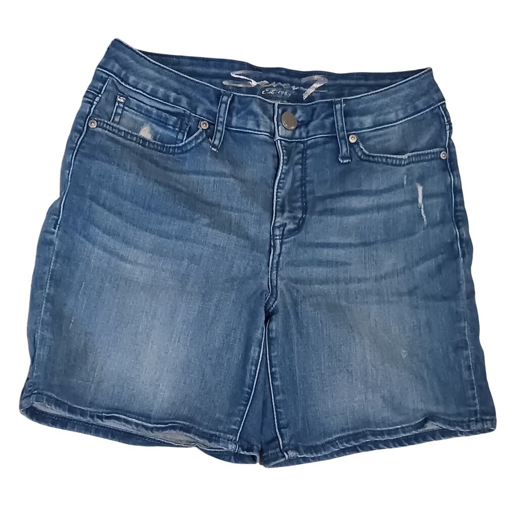 Seven 7 Distressed Stitched V High Rise Light Wash Denim Bermuda Shorts Sz 4